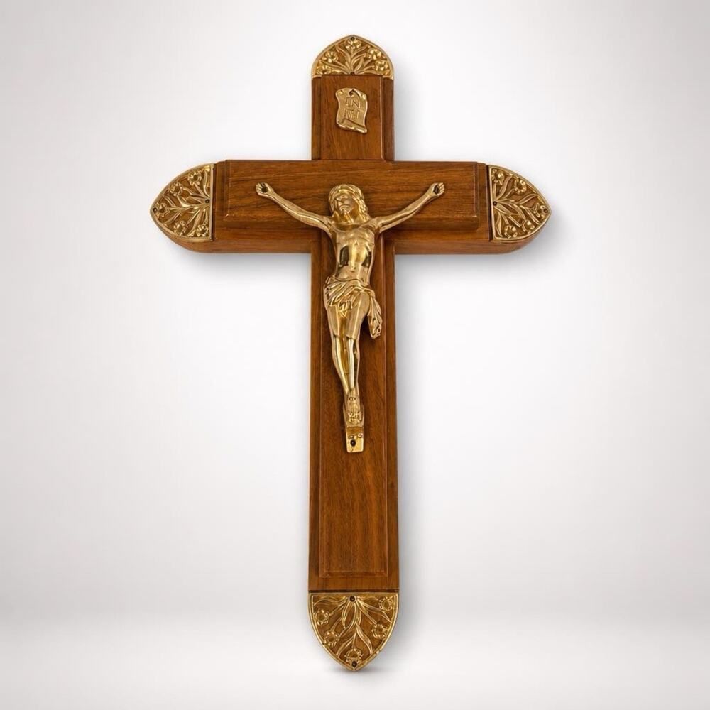 Vtg INRI Jesus Crucifix Cross Candle Holy Water Secret Compartment WoodBrass